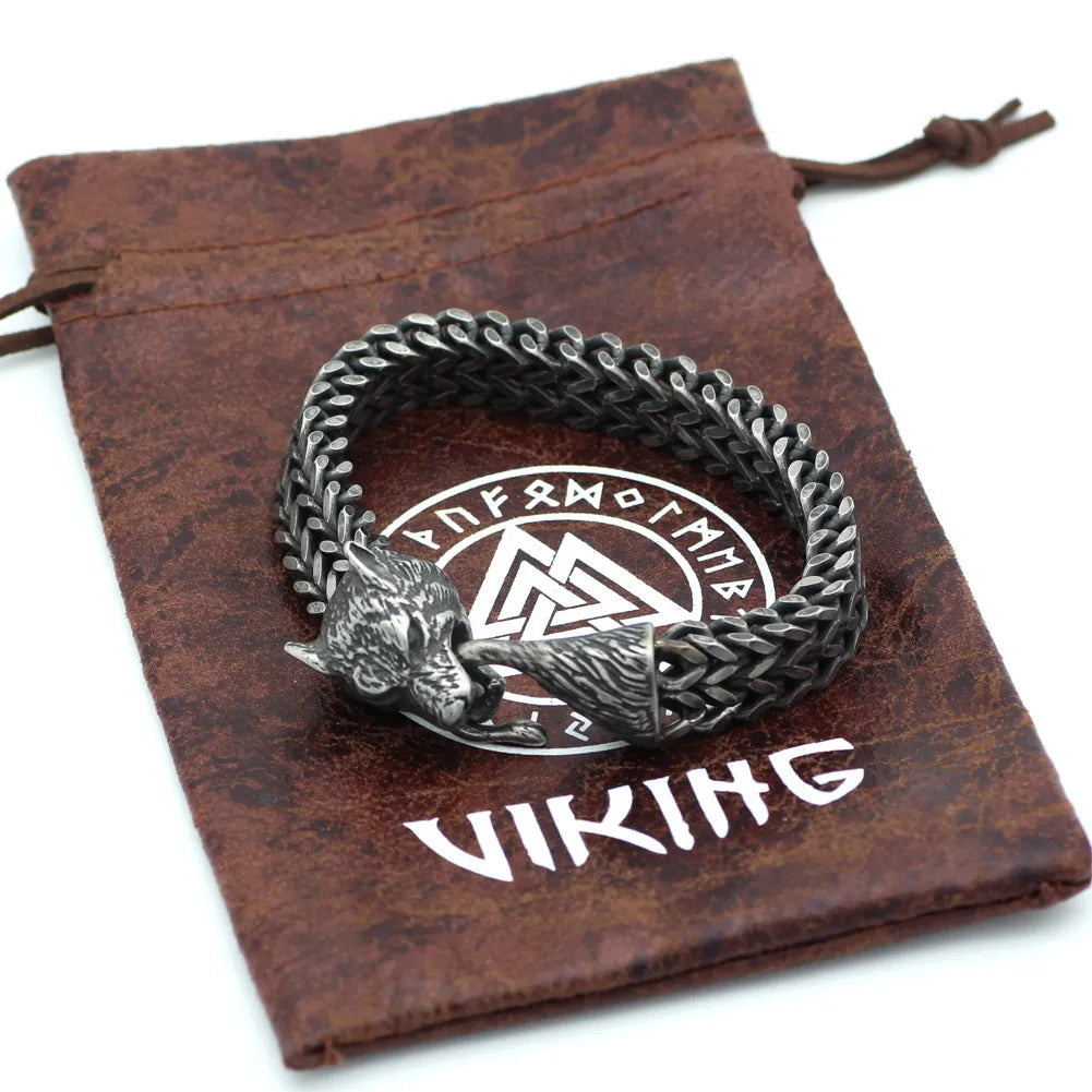 Bracelet Men Stainless Steel Vintage Black Wolf Head Cuban Chain Hand Wristband Male Fashion Jewelry