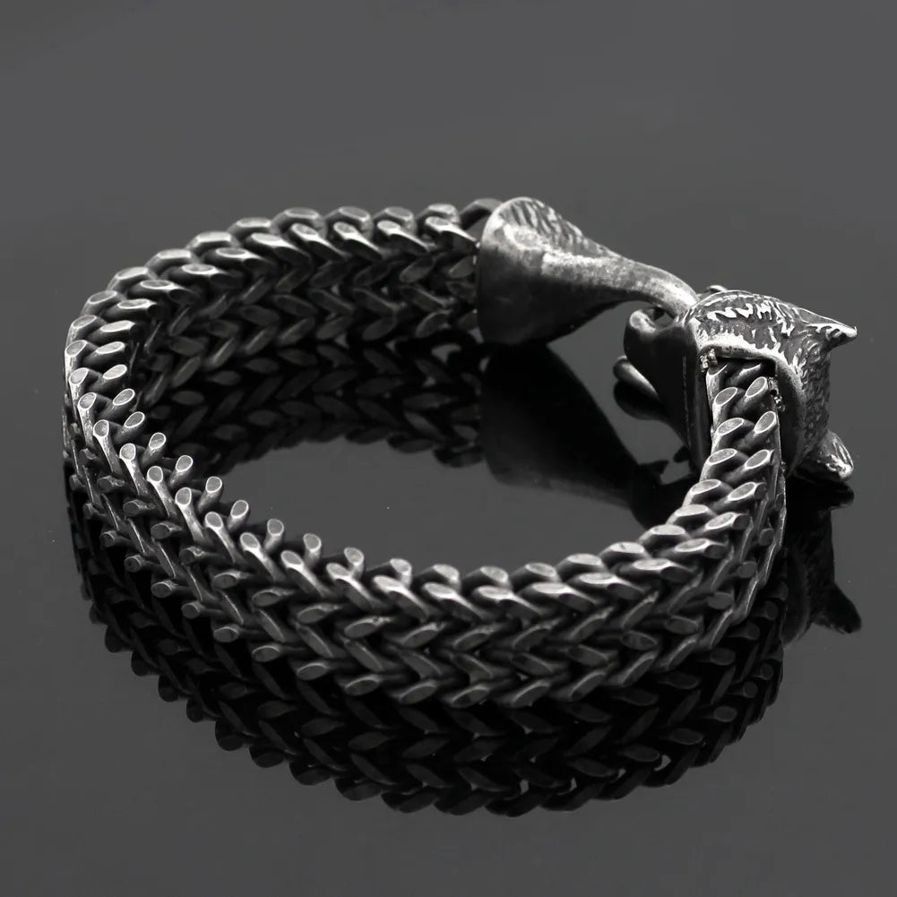 Bracelet Men Stainless Steel Vintage Black Wolf Head Cuban Chain Hand Wristband Male Fashion Jewelry