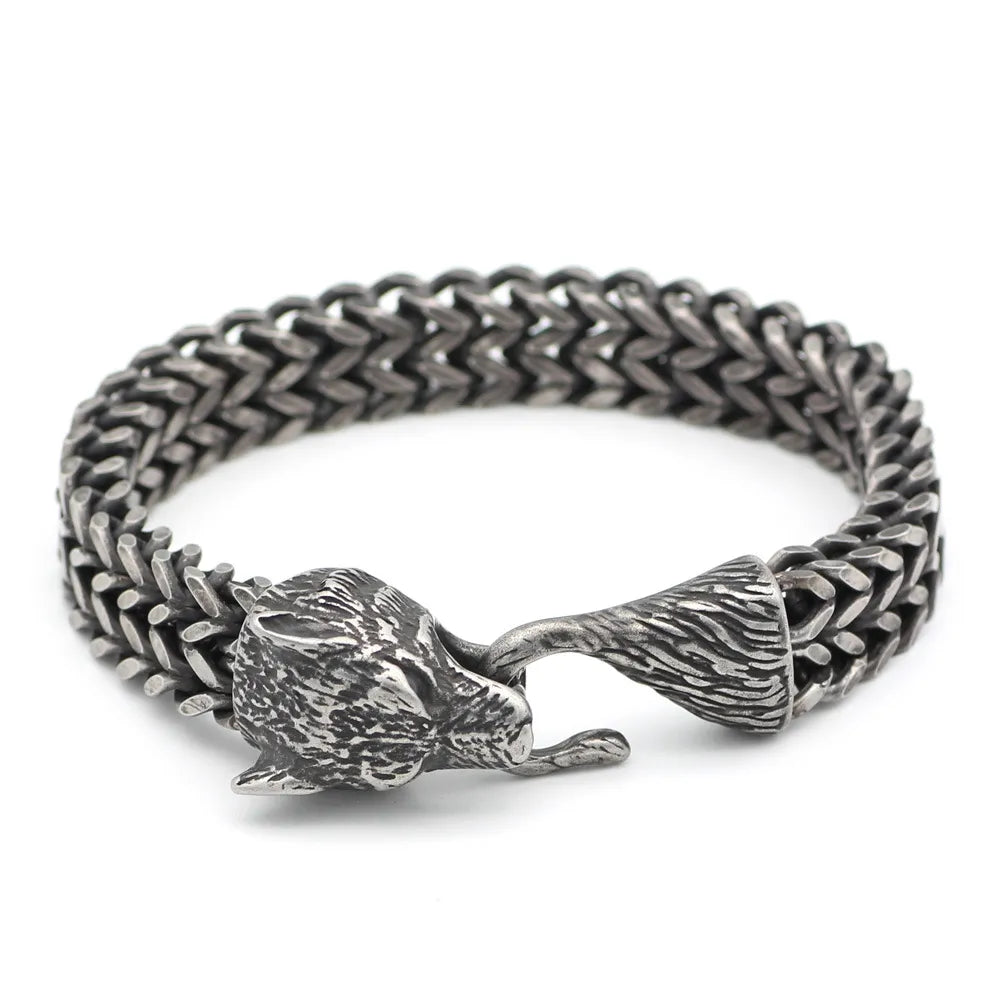 Bracelet Men Stainless Steel Vintage Black Wolf Head Cuban Chain Hand Wristband Male Fashion Jewelry