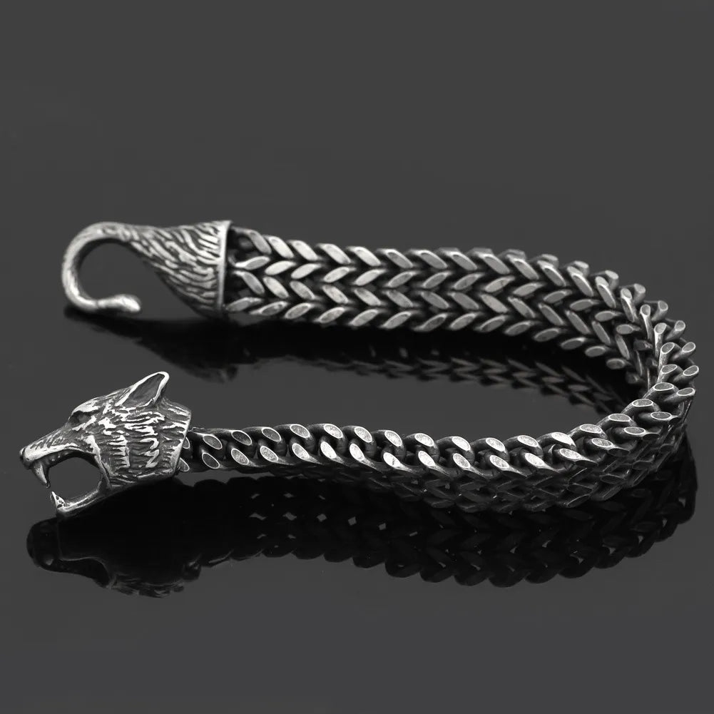 Bracelet Men Stainless Steel Vintage Black Wolf Head Cuban Chain Hand Wristband Male Fashion Jewelry