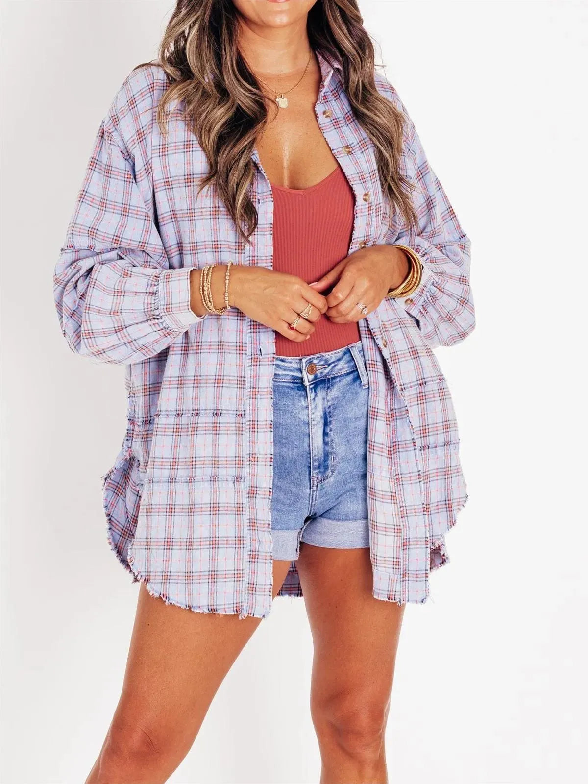 Women’s Plaid Tassel Shirt Jacket – Loose Fit, Long Sleeve (Fall/Winter)